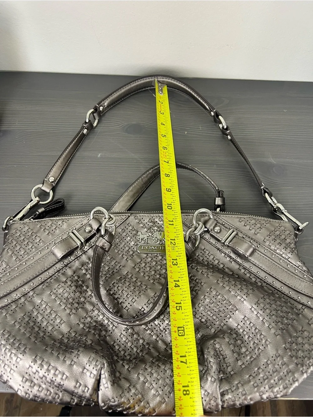 Coach Madison Sophia Pewter Woven Leather Satchel Gun Metal Bag